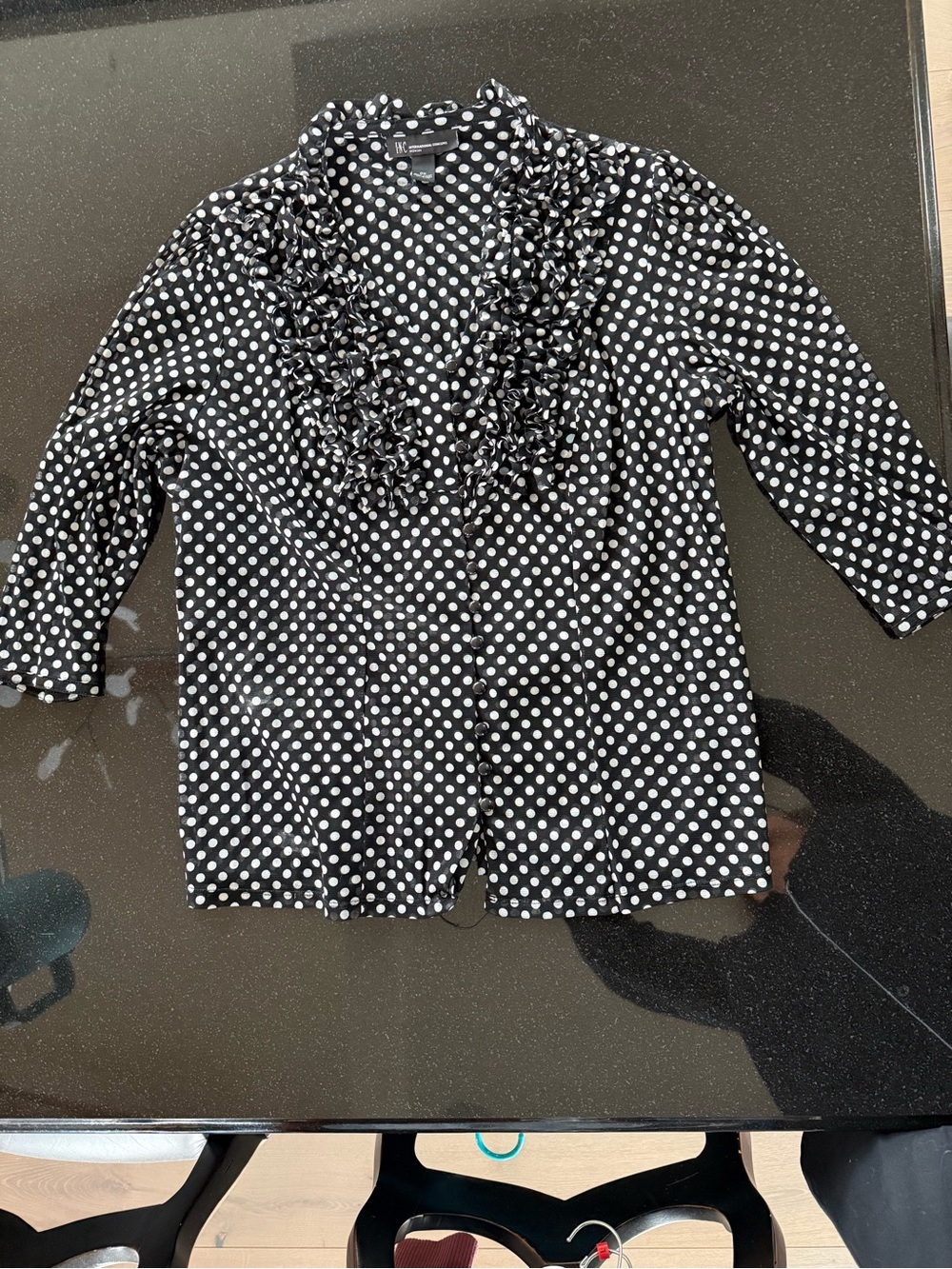 INC International Concepts Black and White Polka Dot Ruffle-Front Blouse